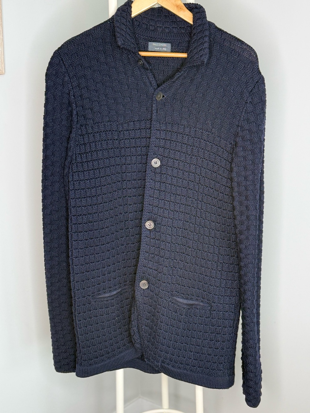 Men's Navy Shawl-Collar Knit Cardigan - Textured Button-Front